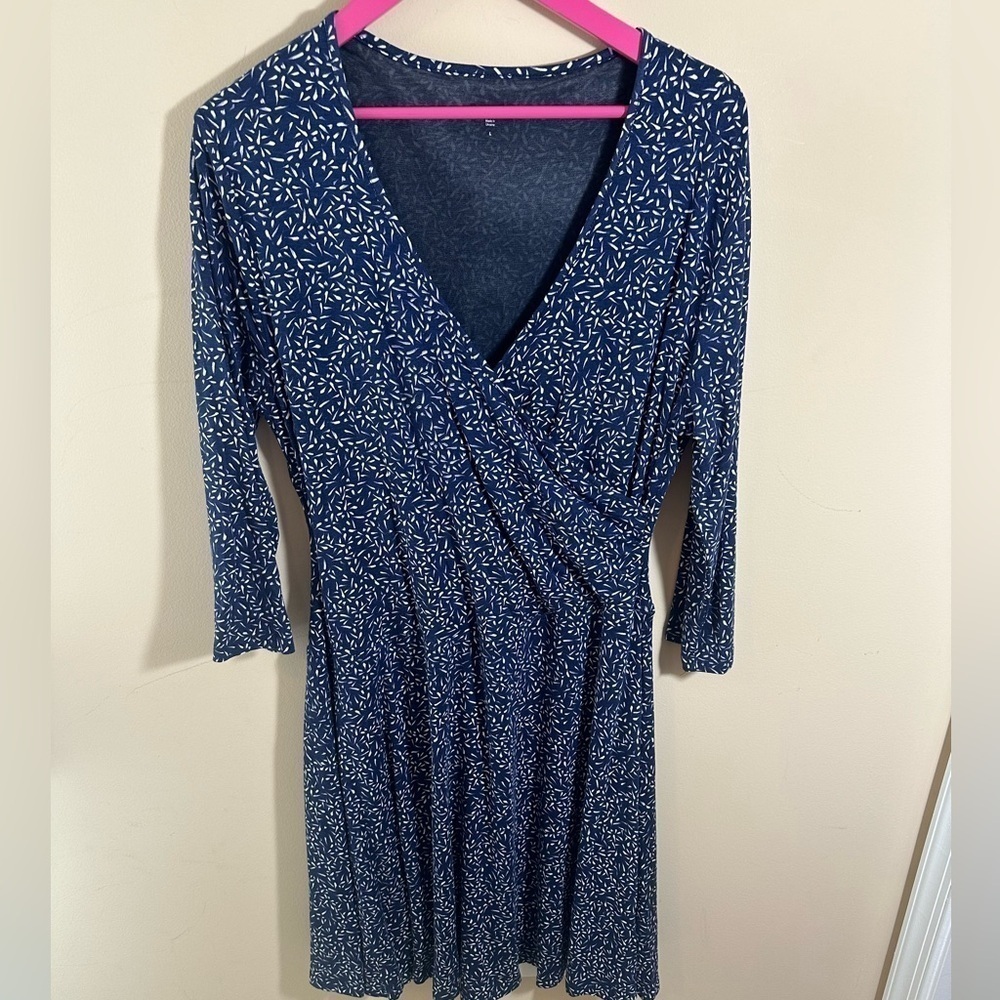 Garnet Hill Dress Navy Blue White Print Faux Wrap 3/4 Sleeve Jersey Knit Size L